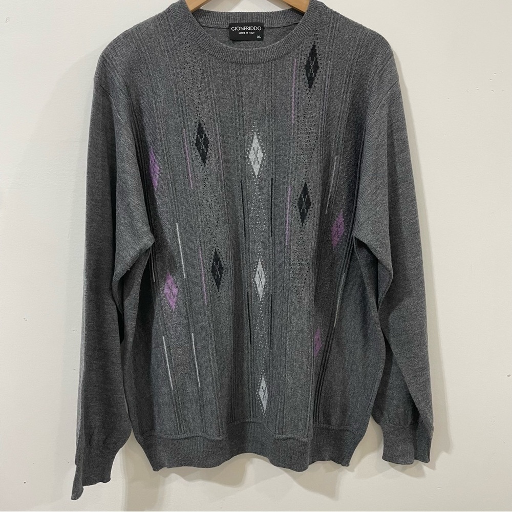 Gionfriddo Made In Italy Merino Wool Blend Gray Diamond Pattern Sweater Size XL